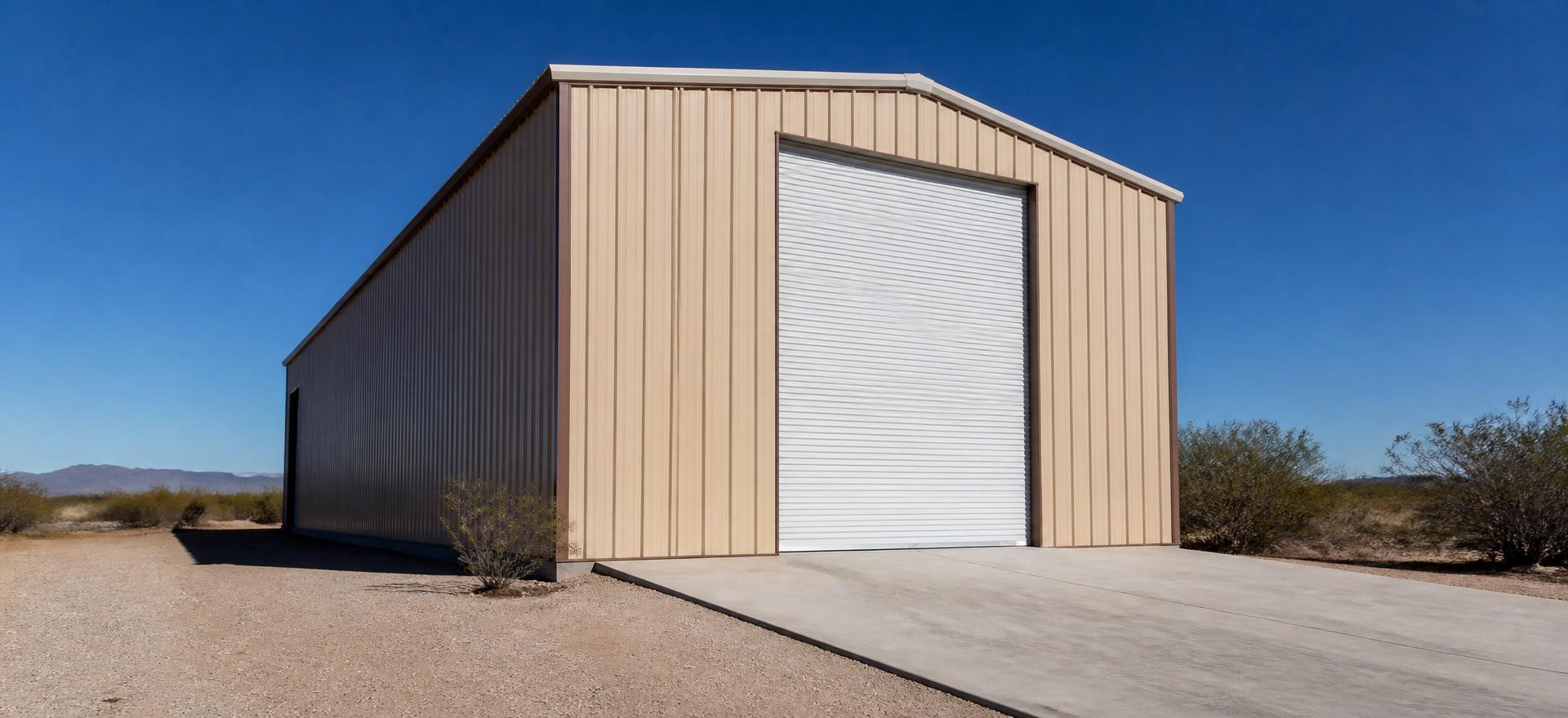 Concept photograph of a tall tan steel RV storage building with a very tall wide roll-up door and a concrete approach slab in desert scrub; example configuration, not a real project.