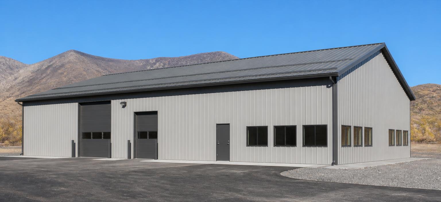 Illustrative steel building configuration showing a light grey commercial steel building with dark trim, two overhead doors, one personnel door, a band of office windows and a grey standing-seam gable roof on an asphalt lot below dry mountains.