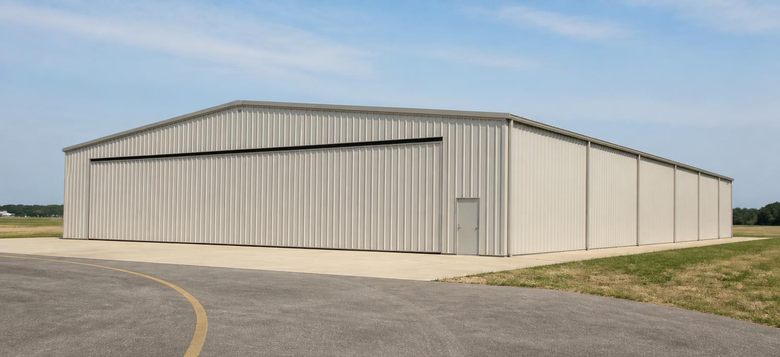 Illustrative steel building configuration showing a wide clear-span aircraft hangar with a closed full-width hangar door and light grey ribbed panels on an airfield apron.