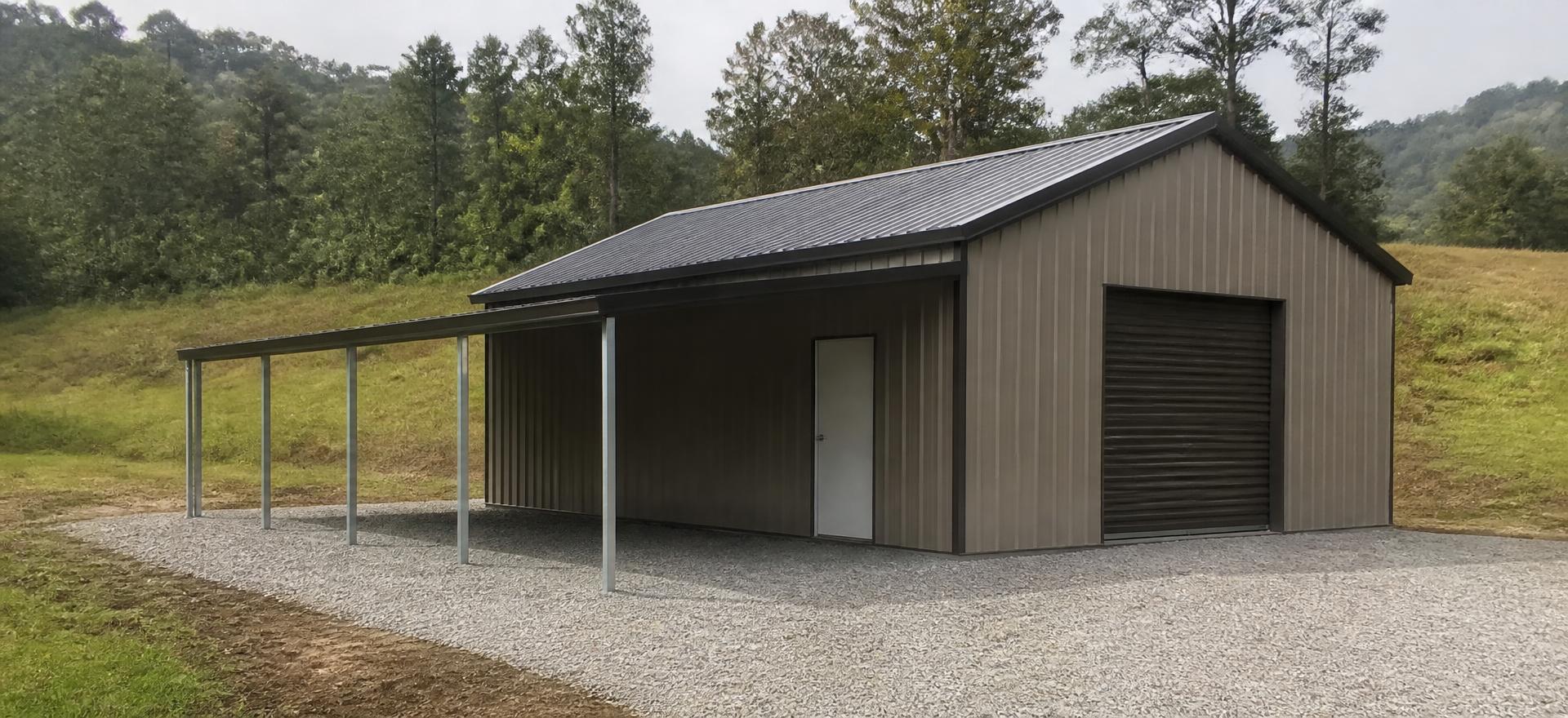 Concept photograph of a 24 by 31 foot earth-tone tube-frame metal garage with a dark gable metal roof, one closed roll-up door, a walk door and an attached open lean-to carried on galvanized tube posts over a gravel pad in wooded foothills; illustrative configuration, not a real project.