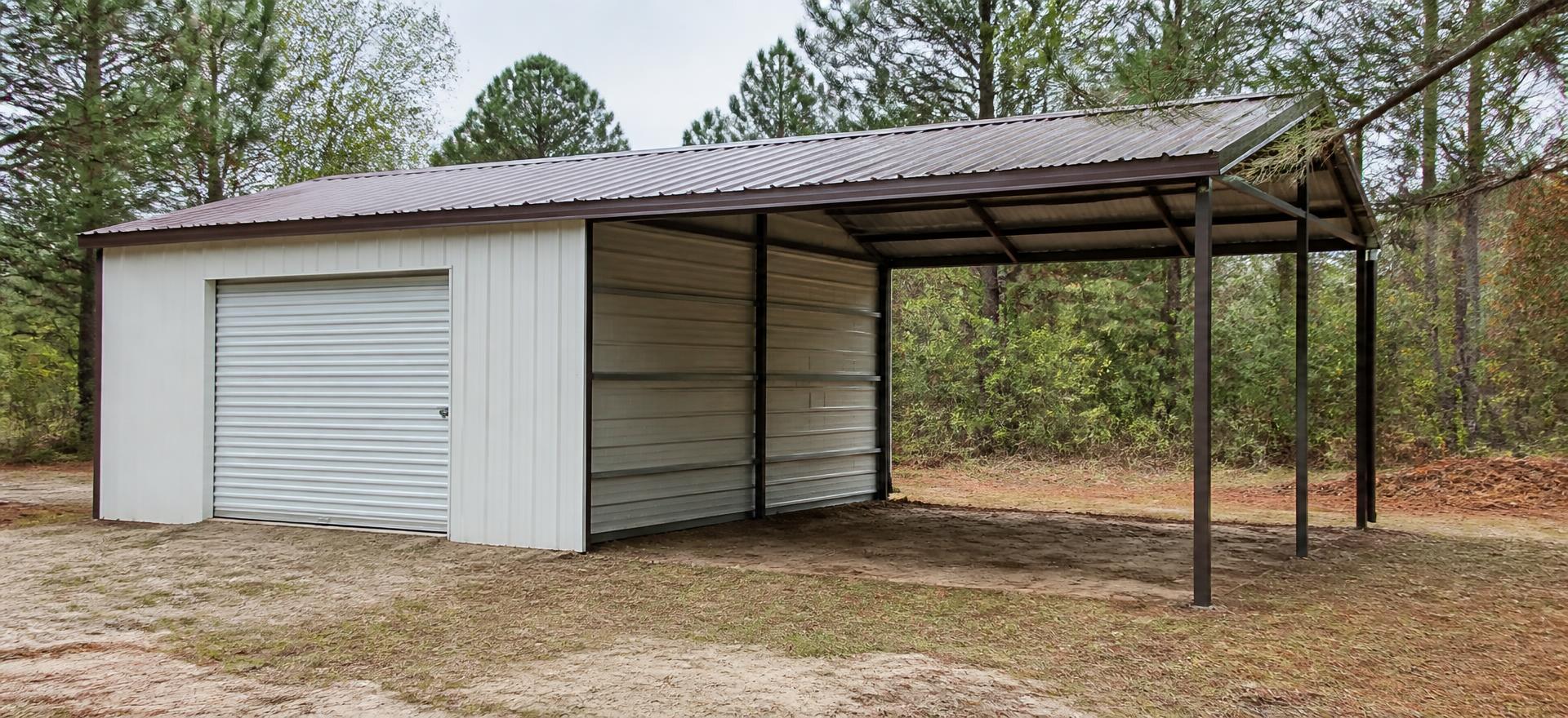 Concept photograph of a white steel utility building with one roll-up door and an attached open carport bay with exposed tube framing; example configuration, not a real project.