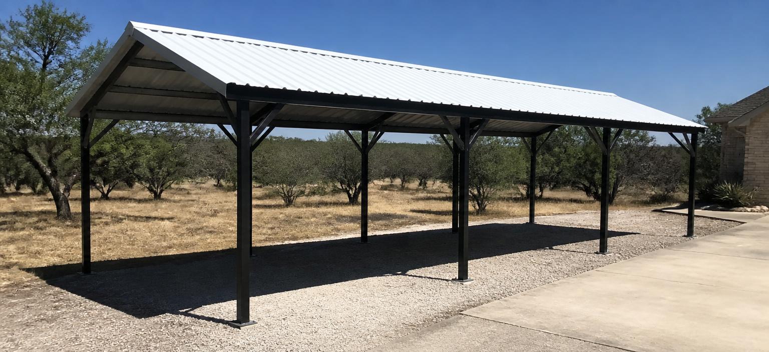 Illustrative steel building configuration showing an open-sided tube-frame carport with a white vertical-rib roof on a gravel pad beside a residential driveway.