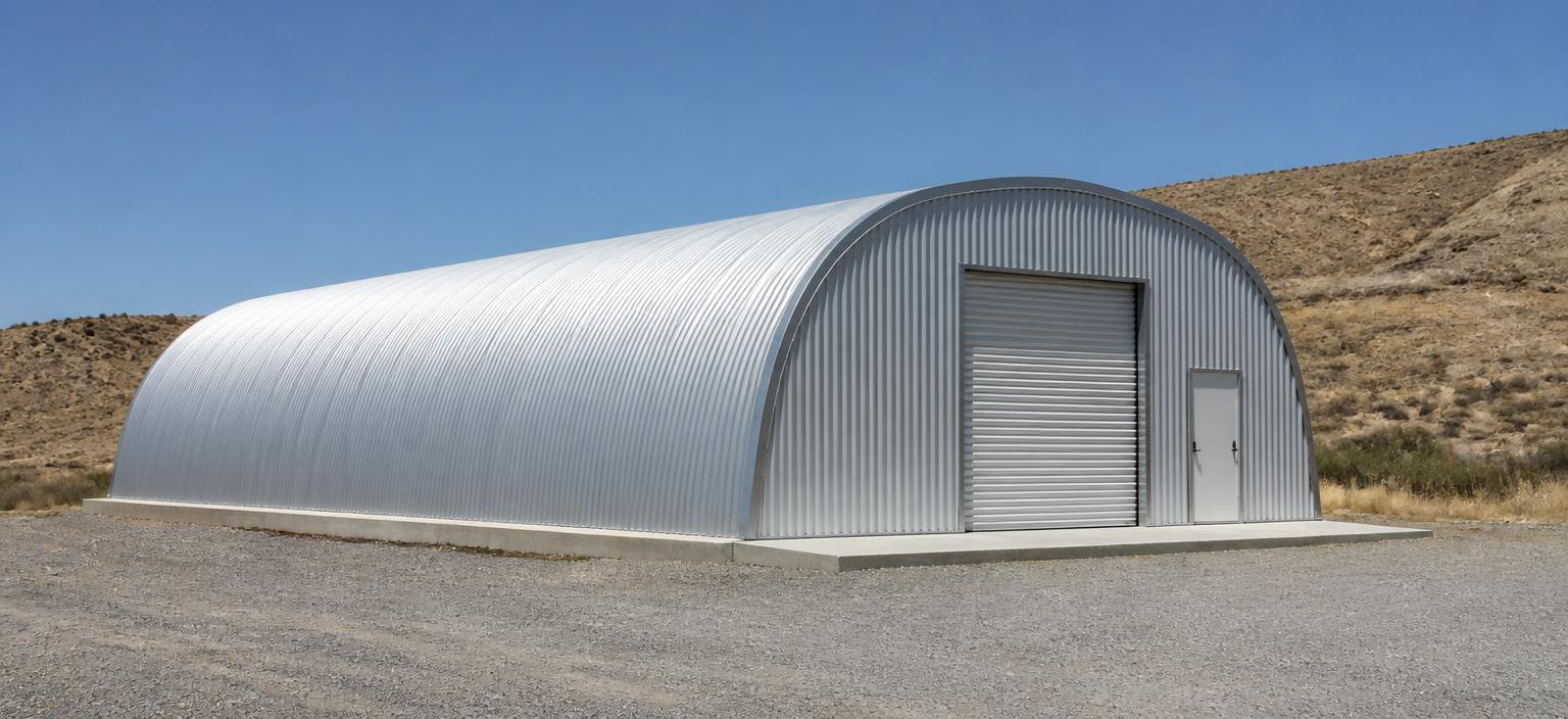 Illustrative steel building configuration showing a corrugated galvanized Quonset arch storage building with an endwall roll-up door and personnel door on a gravel pad.