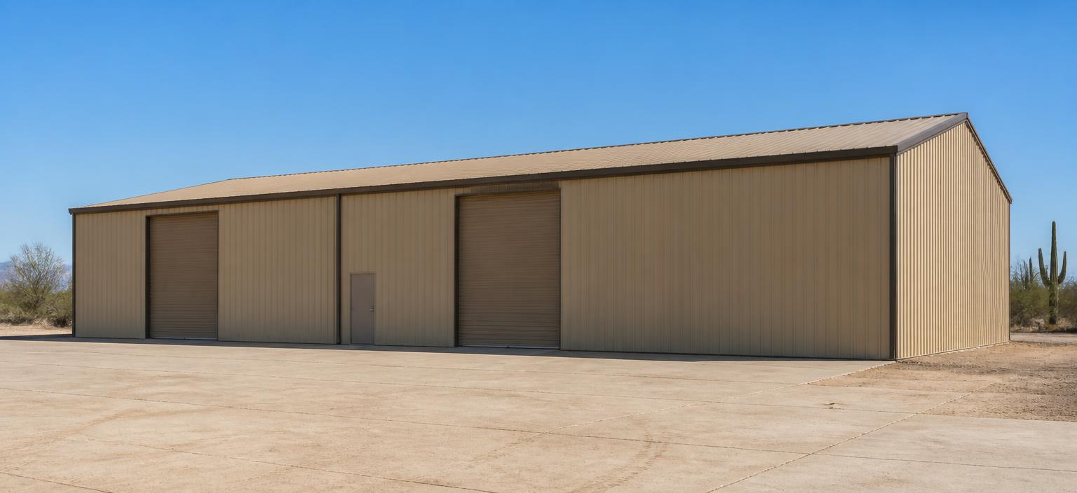 Illustrative steel building configuration showing a wide desert-tan industrial steel building with two tall overhead doors, one personnel door and a tan low-slope gable roof on a dusty concrete apron with desert vegetation.