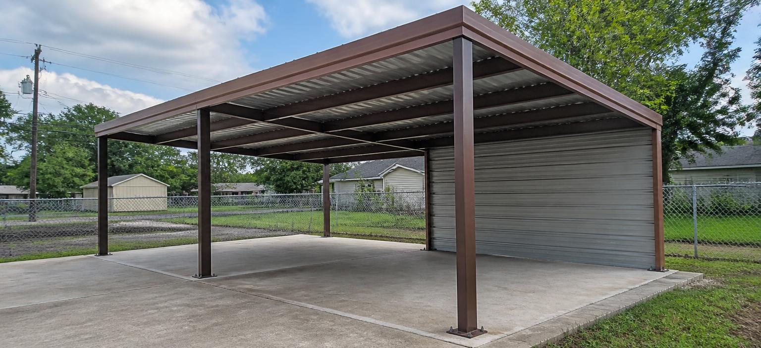 Steel building configuration showing an open tube-frame carport with a brown trimmed roof and one enclosed side panel on a residential concrete pad.
