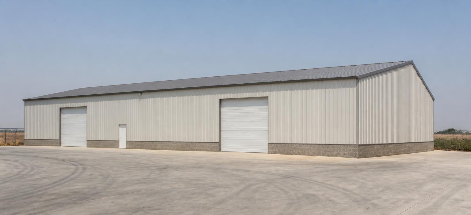 Illustrative steel building configuration showing a long off-white industrial steel building with a grey base course, two overhead doors, one personnel door and a grey low-slope gable roof on a concrete apron under hazy light.