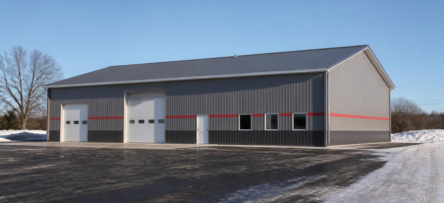 Illustrative steel building configuration showing a grey commercial steel building with a red accent band, two overhead doors, a personnel door and small office windows under low winter sun.