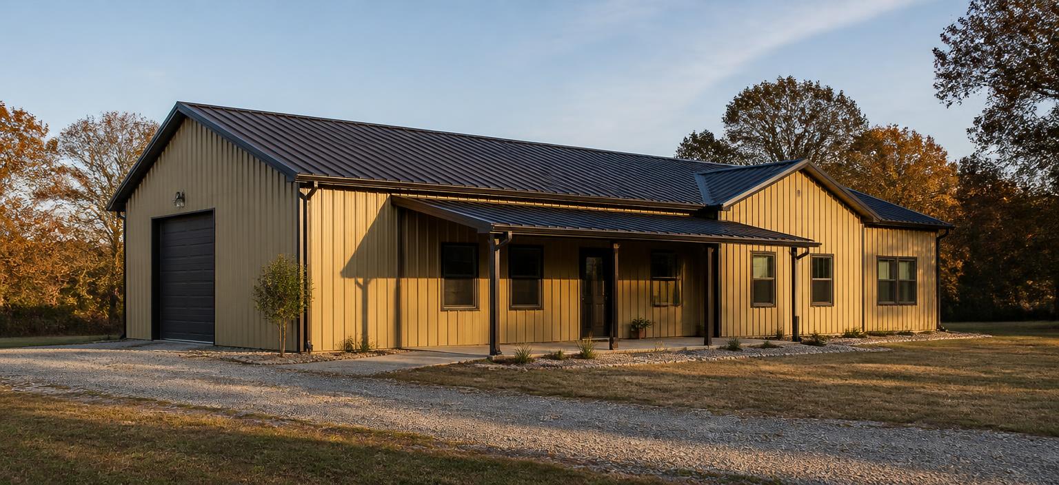 Illustrative steel building configuration showing a sand-coloured barndominium with black trim, one shop overhead door, a covered porch entry and residential windows on the living end, under a black standing-seam gable roof on rural acreage.
