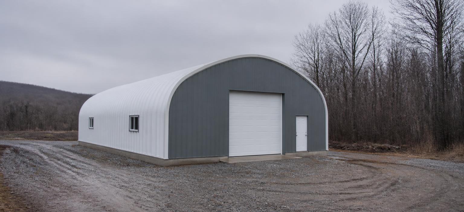 Illustrative steel building configuration showing a white arch workshop building with straight sidewalls, a grey endwall, one overhead door and two small sidewall windows on a gravel drive.