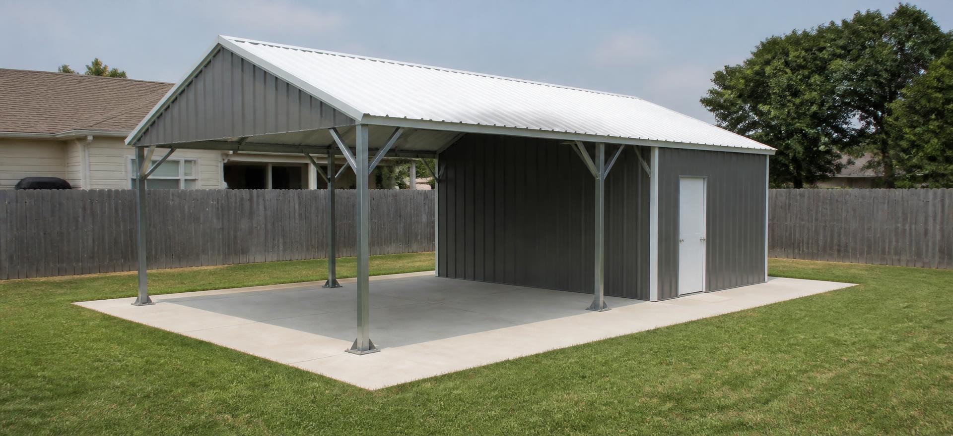 Concept photograph of a 22 by 26 foot steel carport with a galvanized tube frame, white A-frame metal roof, one enclosed grey side wall with a walk door and open parking bays on a concrete slab; illustrative configuration, not a real project.