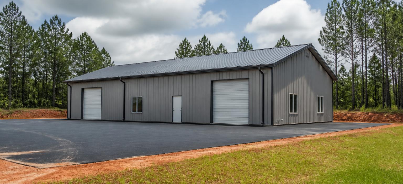 Illustrative steel building configuration showing a grey commercial steel building with two overhead doors, one personnel door, small office windows and a grey ribbed gable roof on an asphalt lot bordered by red clay and pine trees.