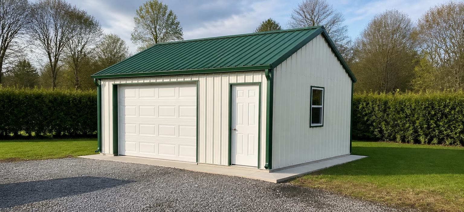 Illustrative steel building configuration showing a small white detached steel garage with green trim and roof, one residential-scale overhead door, one personnel door and one window on a gravel pad.