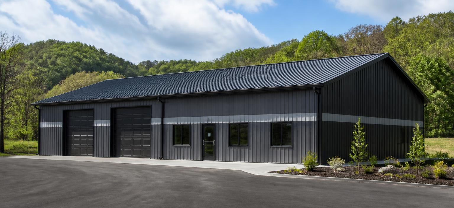 Illustrative steel building configuration showing a charcoal commercial steel building with a light accent band, two overhead doors, a glazed entry and front windows on a new asphalt lot.