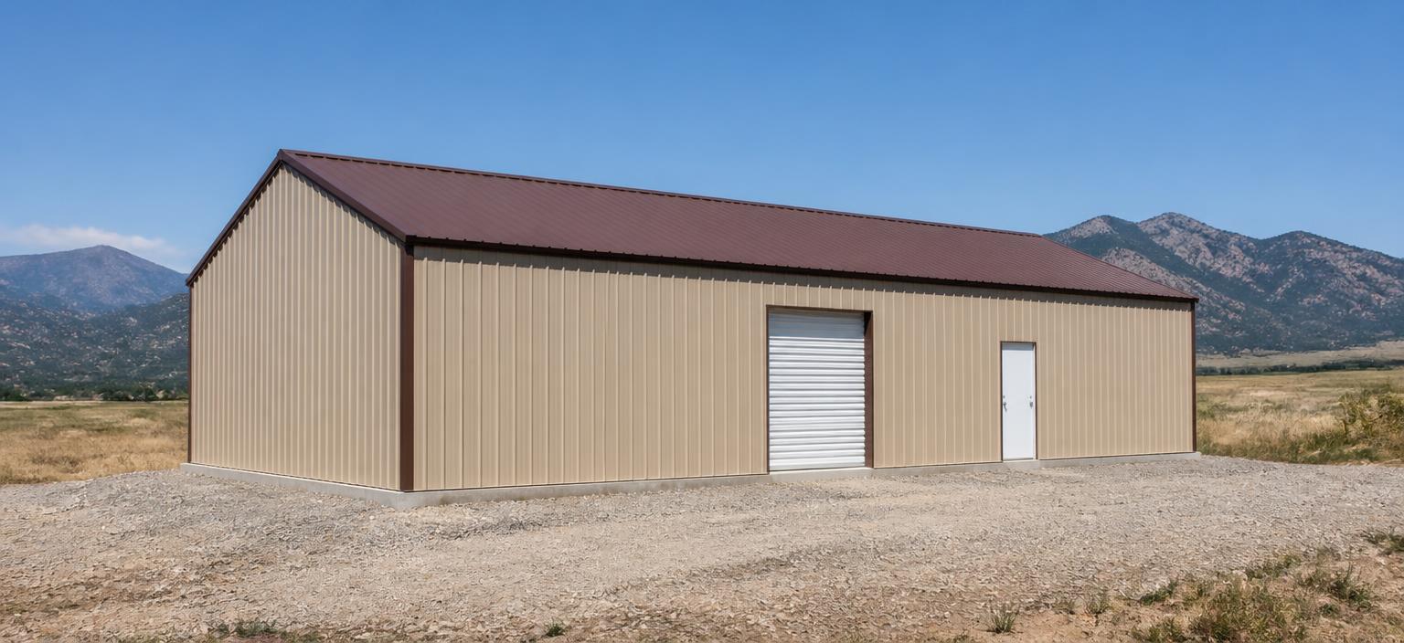 Illustrative steel building configuration showing a sand-coloured storage building with a brown ribbed roof, one roll-up door and one personnel door on a gravel pad below dry foothills.