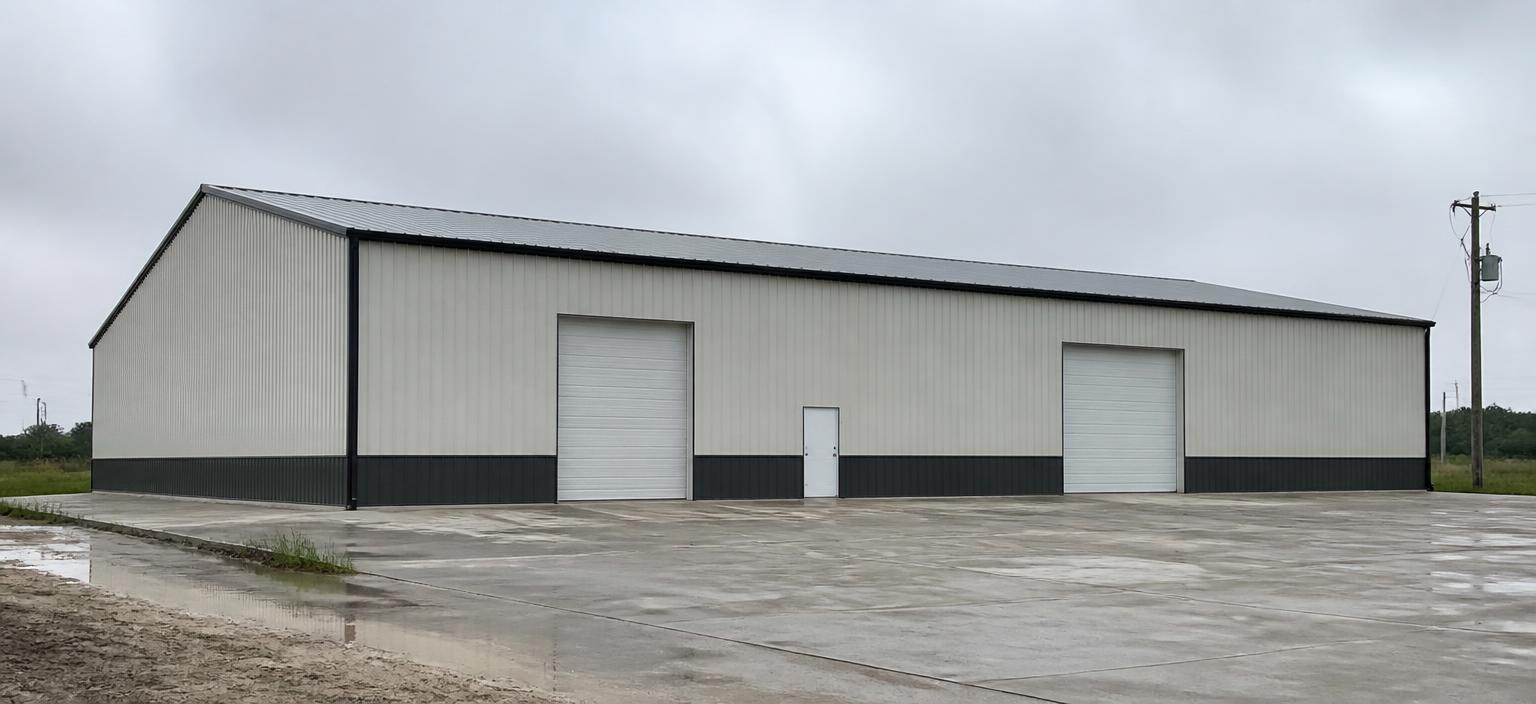 Illustrative steel building configuration showing an off-white industrial building with dark base trim, two tall overhead doors and a galvalume roof on a wet concrete apron under overcast sky.