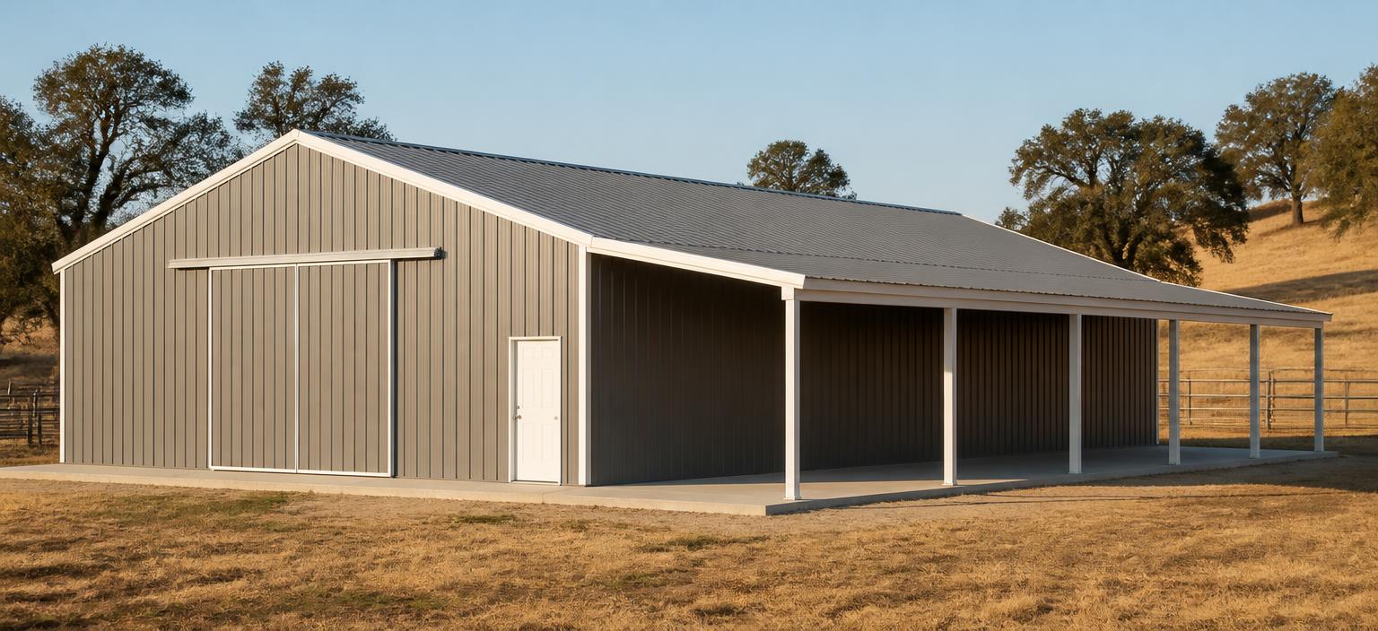 Illustrative steel building configuration showing a grey steel ranch barn with white trim, an open lean-to along one side, one sliding door and one personnel door in dry evening light.