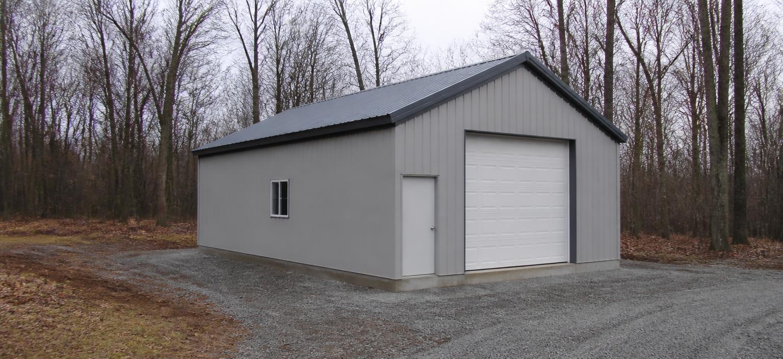 Illustrative steel building configuration showing a light grey workshop building with one overhead door, one personnel door and one sidewall window on a gravel apron under damp overcast light.