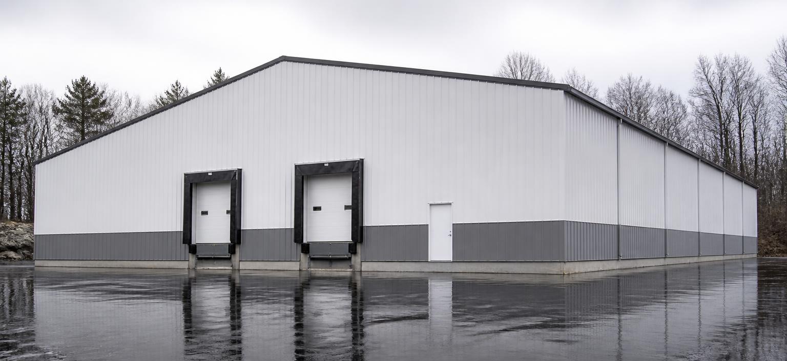 Illustrative steel building configuration showing a white warehouse with a grey base wainscot, two dock-height doors with levellers and one personnel door on wet asphalt under flat grey light.