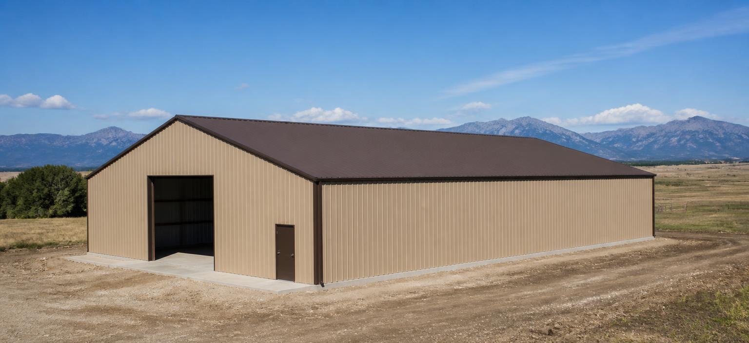 Illustrative steel building configuration showing a tan wide-span agricultural steel building with a brown ribbed roof, one wide open equipment door and one personnel door in a dry mountain field.