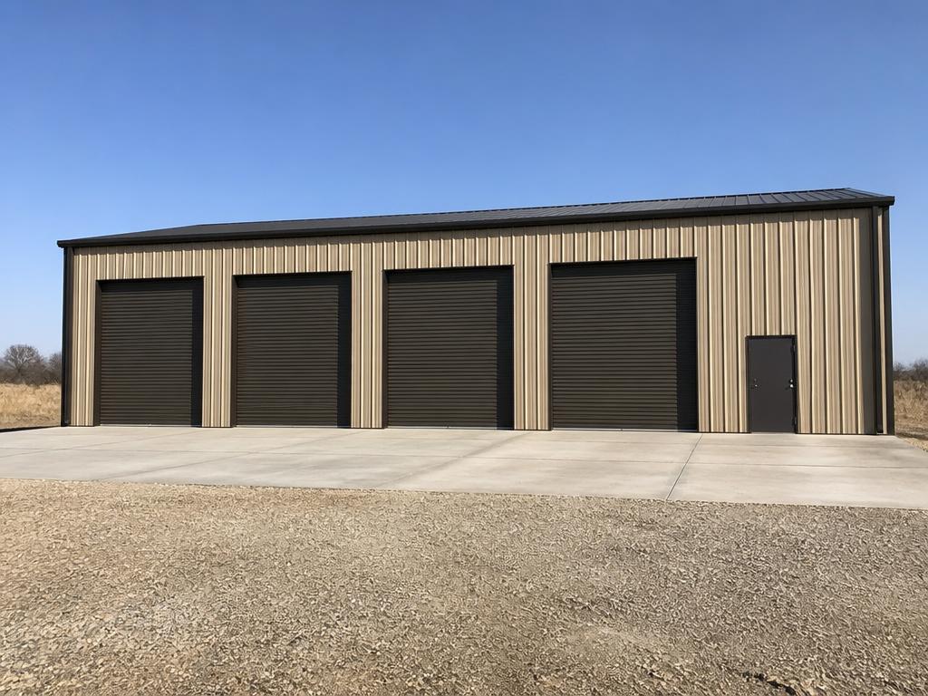 Concept photograph of a tan clear-span steel commercial building with four roll-up doors on a fresh concrete apron; example configuration, not a real project.