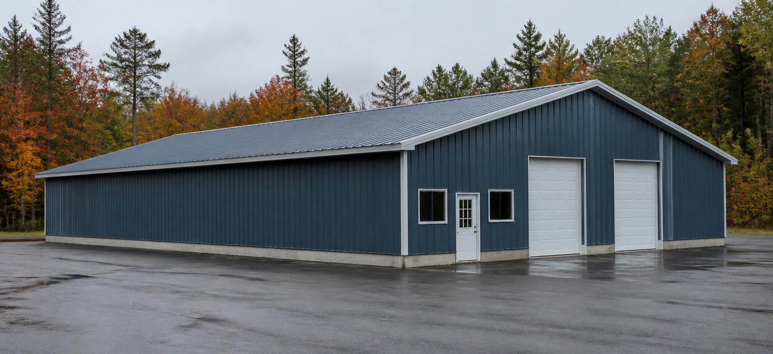 Illustrative steel building configuration showing a slate-blue clear-span commercial steel building with two overhead doors, a personnel door and small office windows under overcast autumn light.