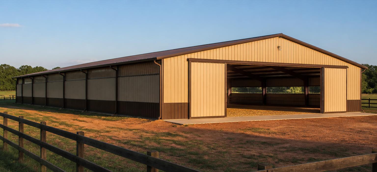 Steel building configuration showing a tan clear-span riding arena with open sliding end doors and sand footing visible inside, beside a fenced pasture.