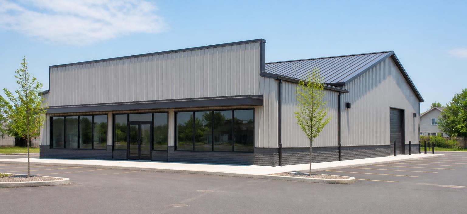 Illustrative steel building configuration showing a light grey retail steel building with a parapet-style front, storefront glazing, glazed double entry and a grey standing-seam roof on a small-town lot.