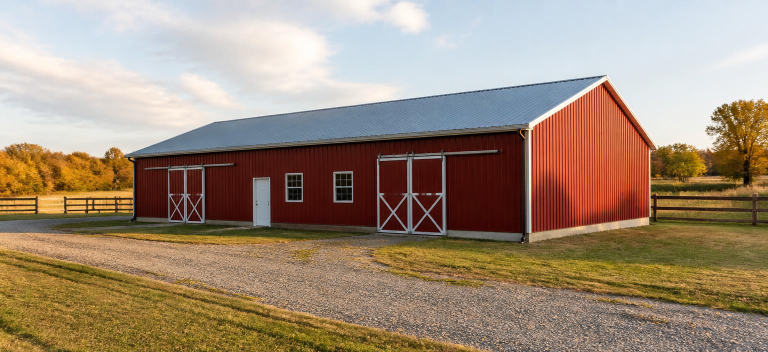 Illustrative steel building configuration showing a barn-red post-frame barn with white trim, two sliding barn doors, a personnel door and two sidewall windows beside a gravel farm lane.