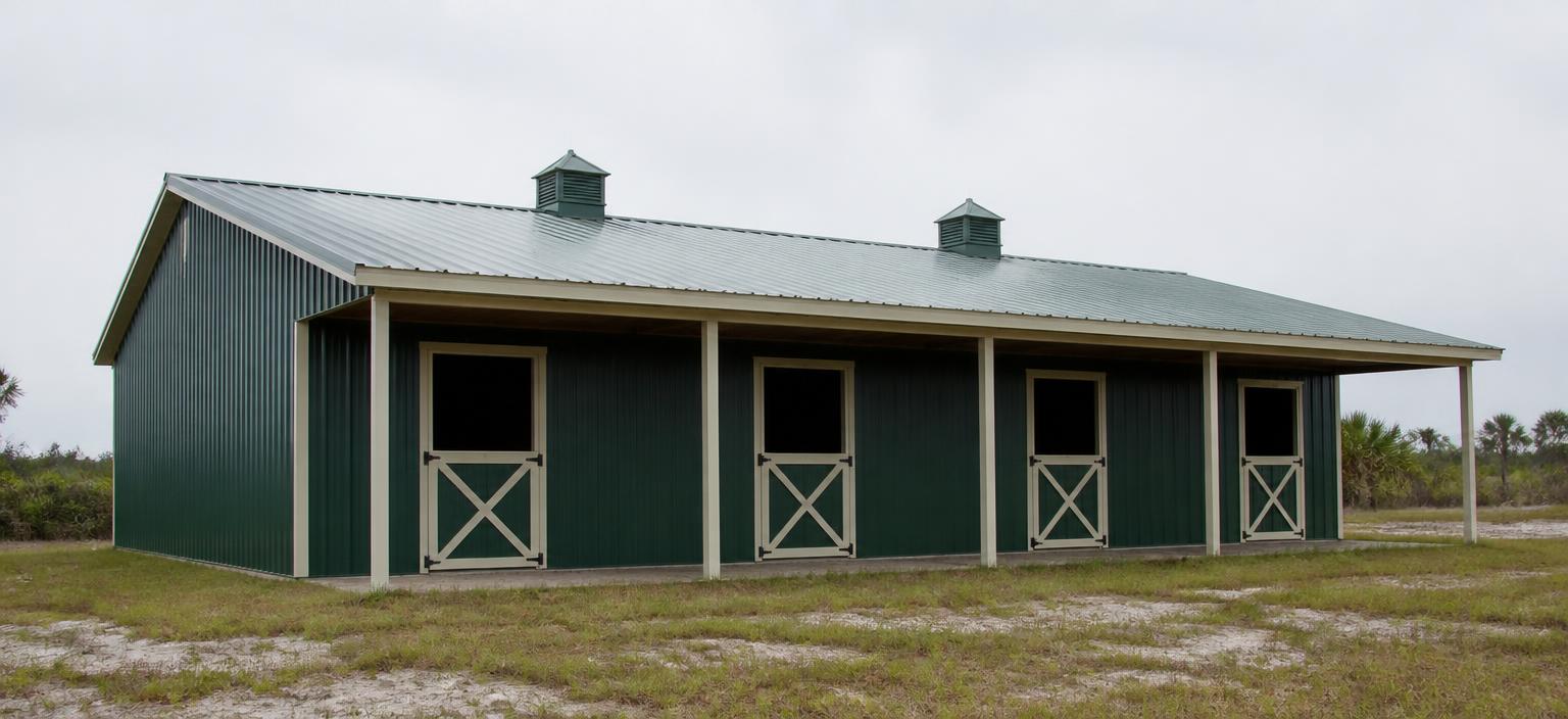 Steel building configuration showing a dark green horse stable with four dutch stall doors under a covered overhang on flat sandy pasture.