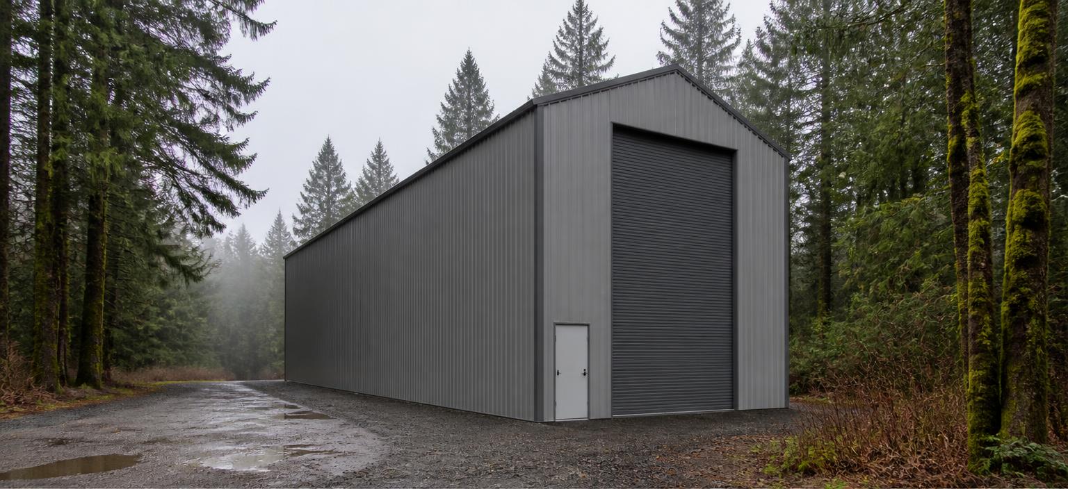 Illustrative steel building configuration showing a tall narrow grey enclosed RV storage building with one closed full-height RV door, one personnel door and a grey vertical-rib roof on a wet gravel lot among fir trees in mist.
