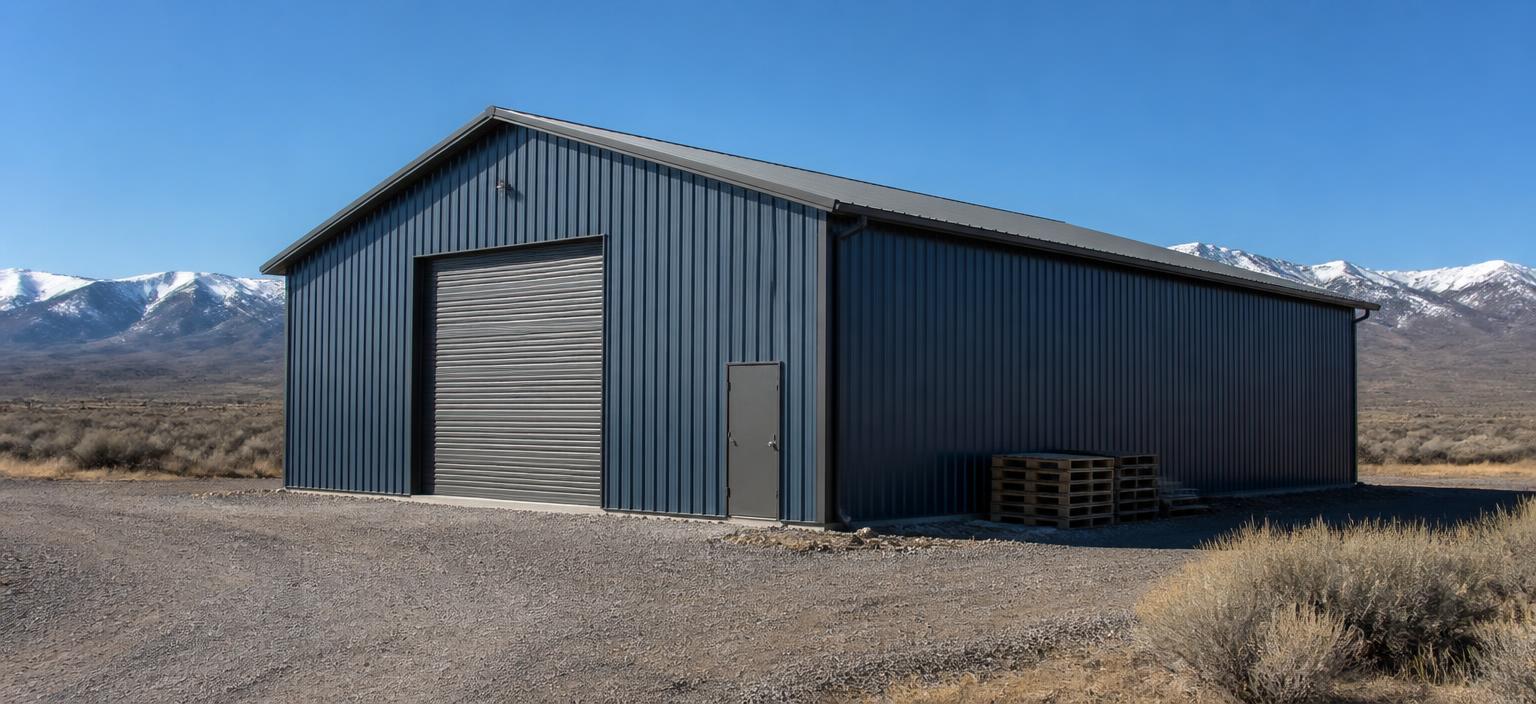 Steel building configuration showing a blue-grey steel shop building with one large overhead door and a walk door on a dry gravel yard below snow-topped mountains.