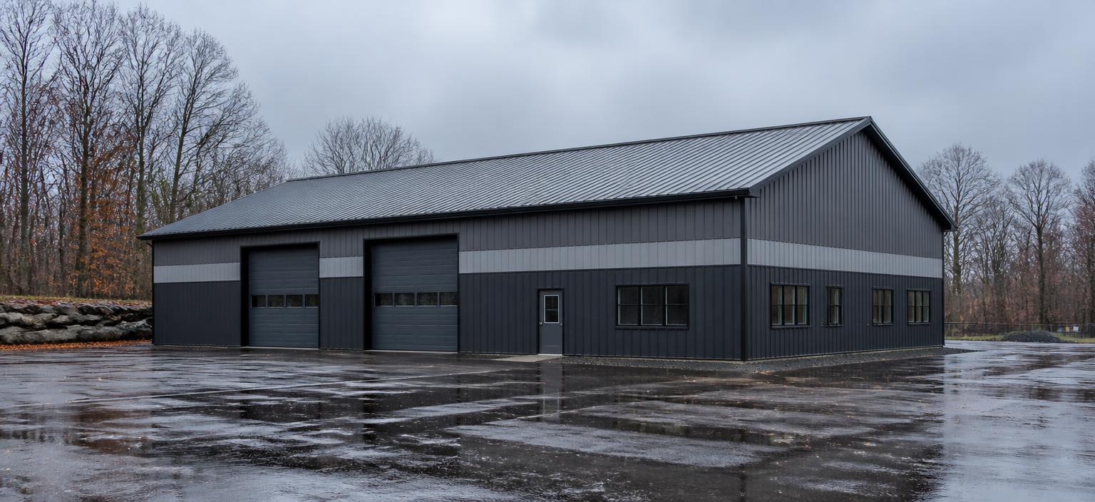 Illustrative steel building configuration showing a dark grey commercial steel building with a light accent band, two overhead doors, one personnel door, office glazing and a grey ribbed gable roof on wet asphalt among bare trees.