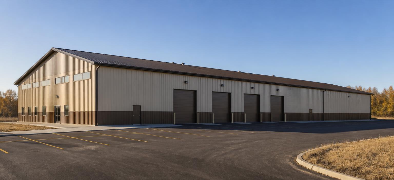 Illustrative steel building configuration showing a long two-tone tan and bronze warehouse with four dock-height overhead doors and clerestory windows on the office end.