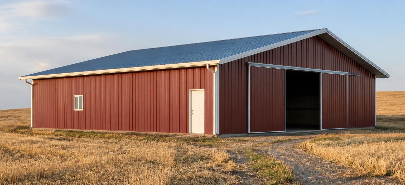 Steel building configuration showing a red-brown agricultural building with white trim, a partly open sliding door and generous roof overhangs beside a harvested field.