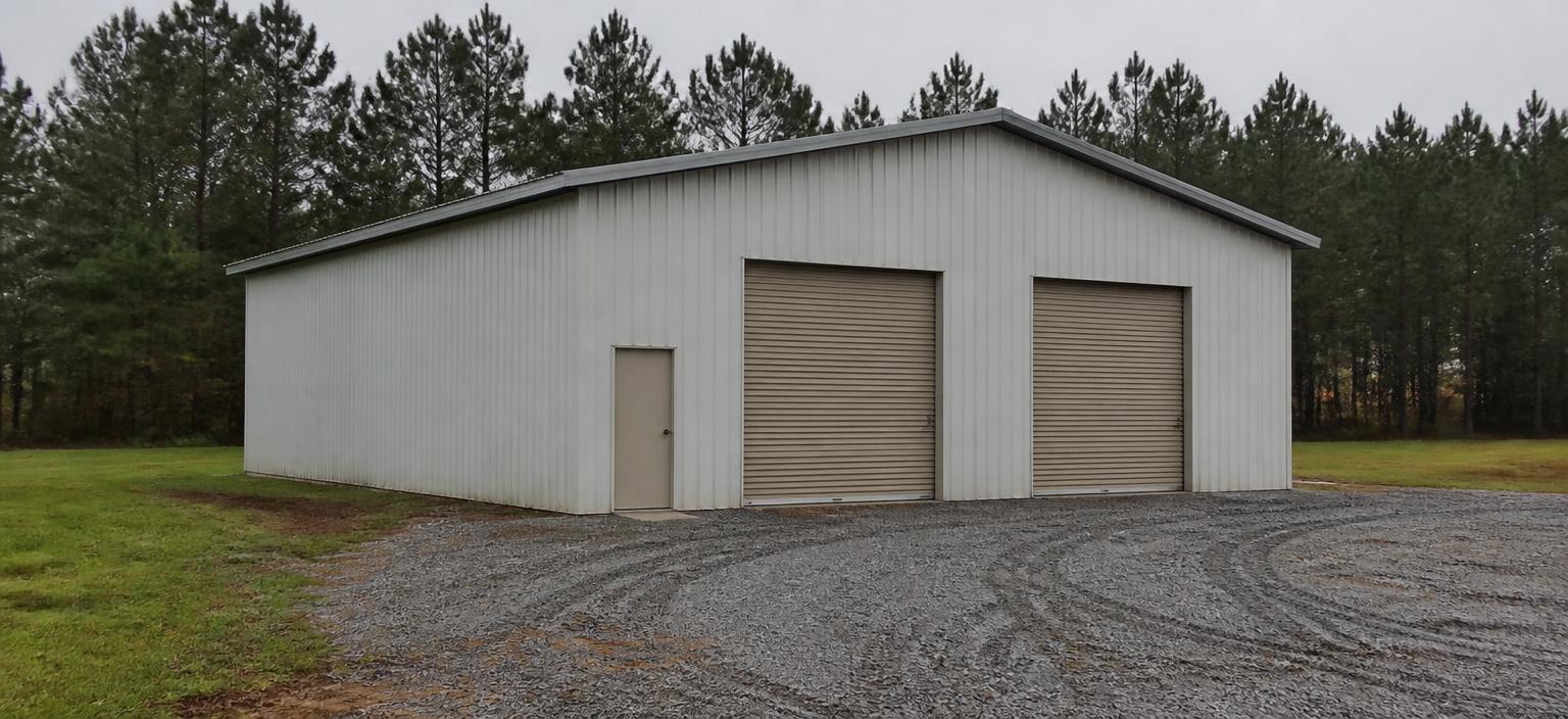 Steel building configuration showing a white ribbed workshop and garage building with two roll-up doors on a gravel apron beside a pine treeline.