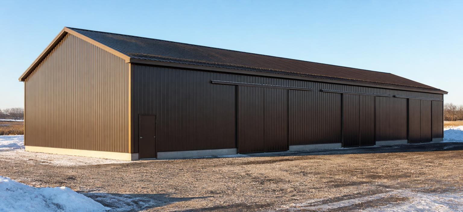 Illustrative steel building configuration showing a dark bronze equipment storage building with three large sliding doors and one personnel door on a frozen gravel yard.