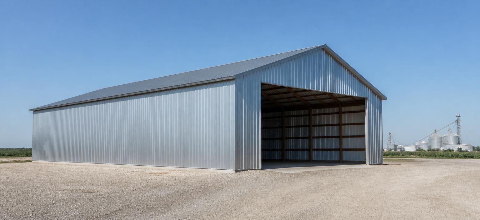Illustrative steel building configuration showing an unpainted galvalume equipment storage building with a full-height open bay on a gravel farm pad.