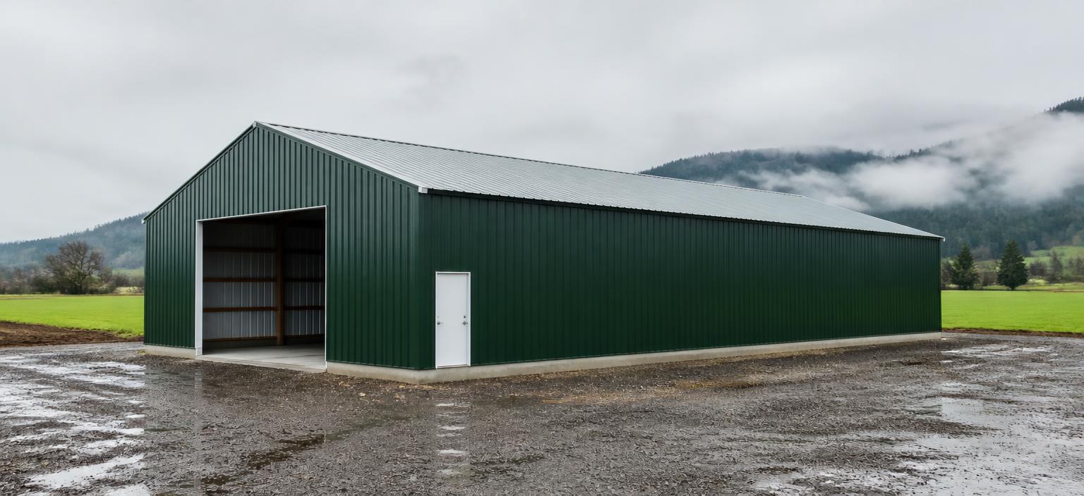 Illustrative steel building configuration showing a forest-green agricultural steel building with a galvalume roof, one wide open equipment opening and one personnel door beside a wet gravel approach.