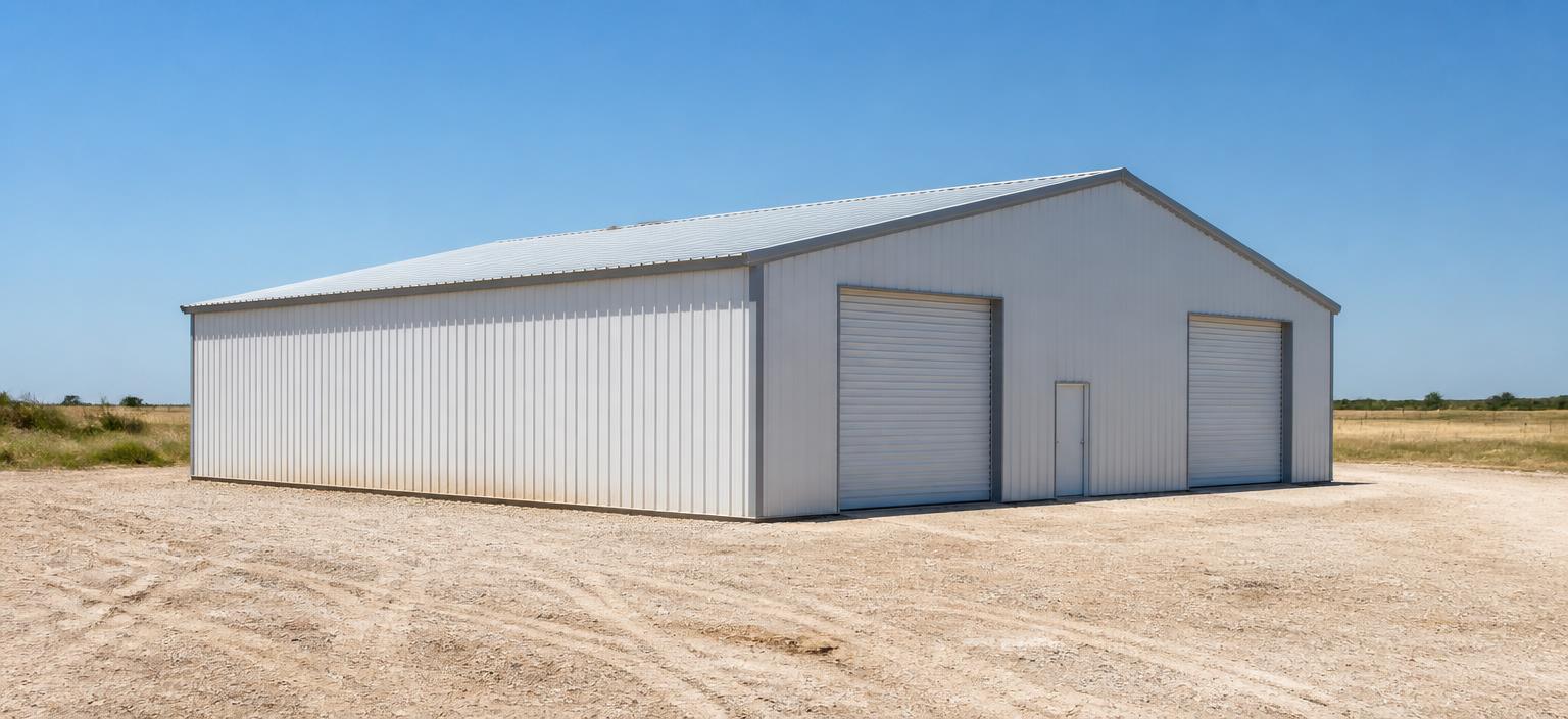 Illustrative steel building configuration showing a wide white industrial steel building with two overhead doors, one personnel door and a galvalume gable roof on a pale caliche yard under hard midday sun.