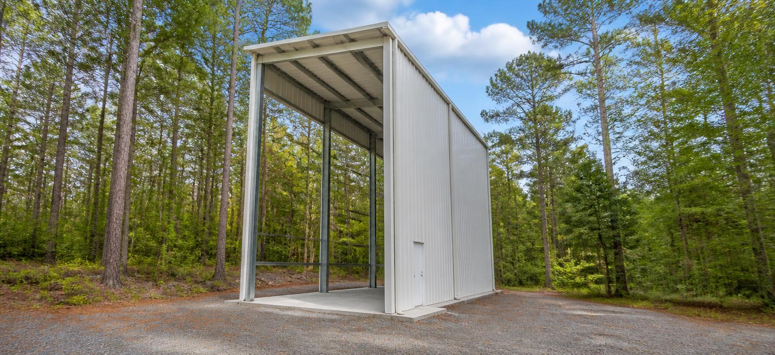 Illustrative steel building configuration showing a tall white RV cover with one enclosed panelled side, an open tall bay and a personnel door on a gravel pad among pine trees.
