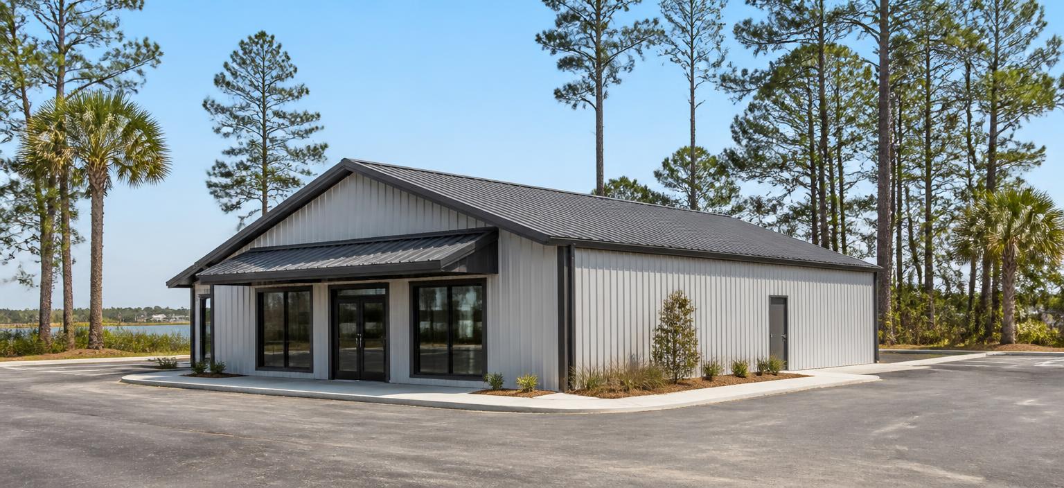 Illustrative steel building configuration showing a small light grey retail steel building with a dark front canopy, glazed entry, front glazing, a plain side service door and a dark standing-seam gable roof on a coastal asphalt lot.