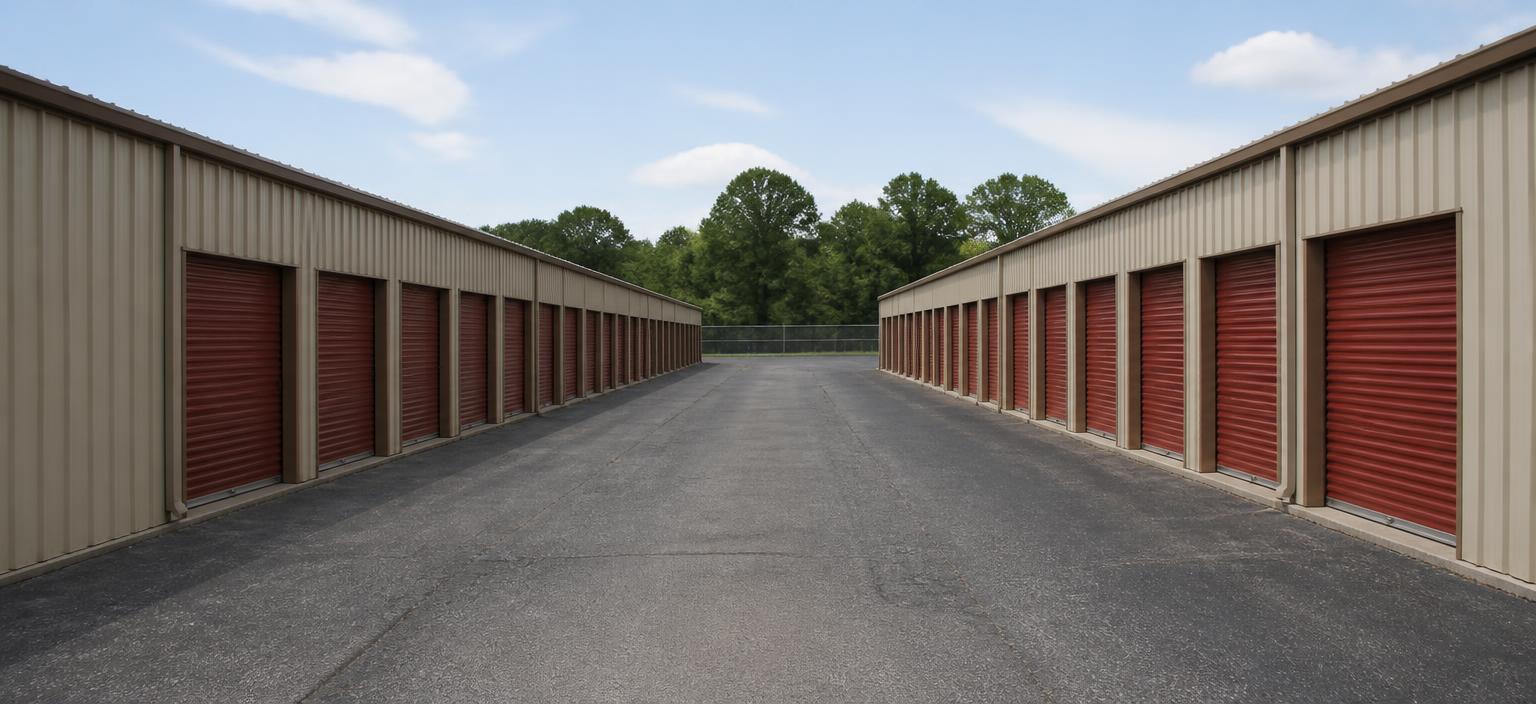Illustrative steel building configuration showing two long rows of beige self-storage buildings with rust-red roll-up doors along an asphalt drive aisle.