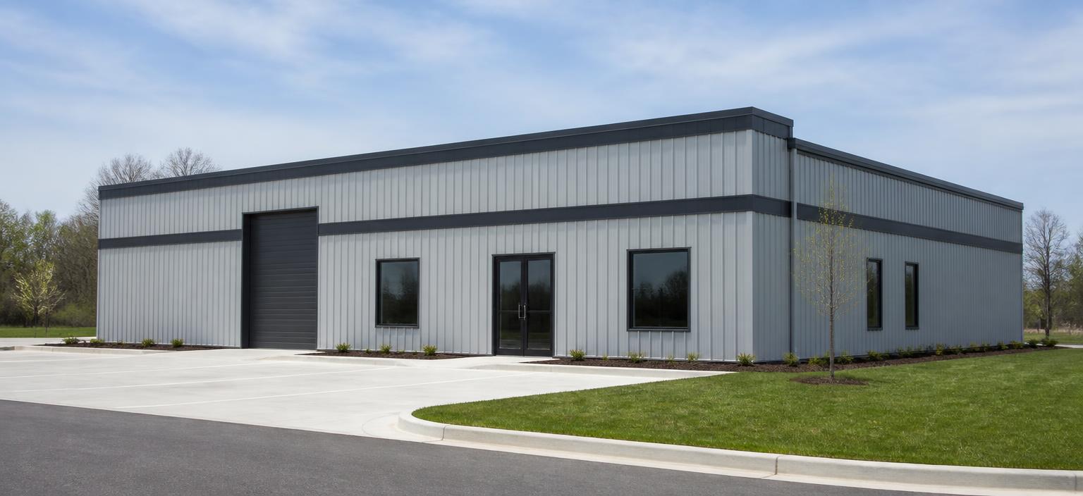 Illustrative steel building configuration showing a light grey cold-formed commercial building with a dark reveal band, one service overhead door, a glazed entry, regular window openings and a flat low-slope roof edge on a new mixed-use site.