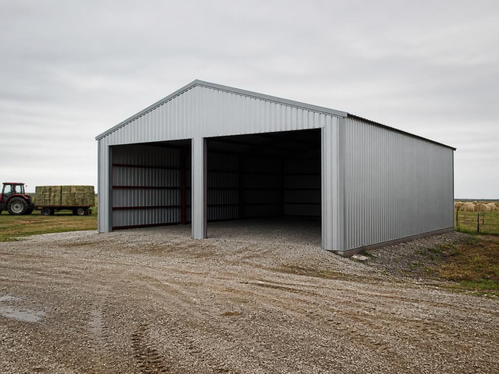 Concept photograph of a 40 by 80 foot bare galvalume steel equipment building with two open bays and exposed red-oxide framing on a gravel farm pad; example configuration, not a real project.