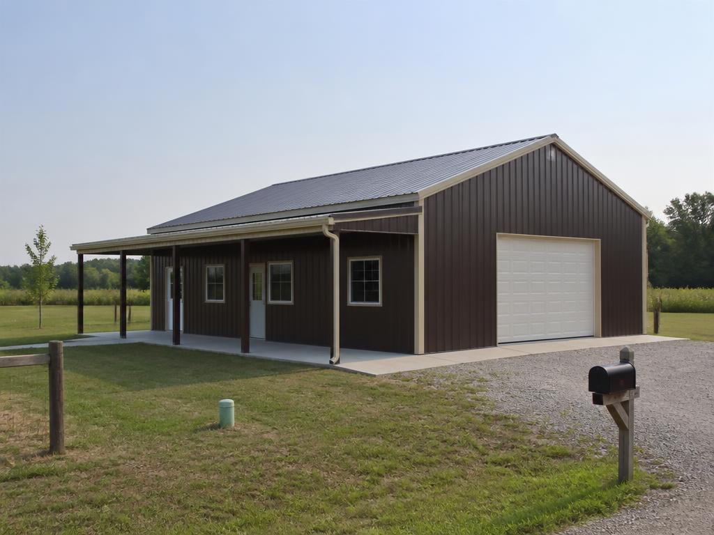 Concept photograph of a 40 by 60 foot dark bronze steel barndominium with a covered porch, windows and a single garage door on a rural lot; example configuration, not a real project.