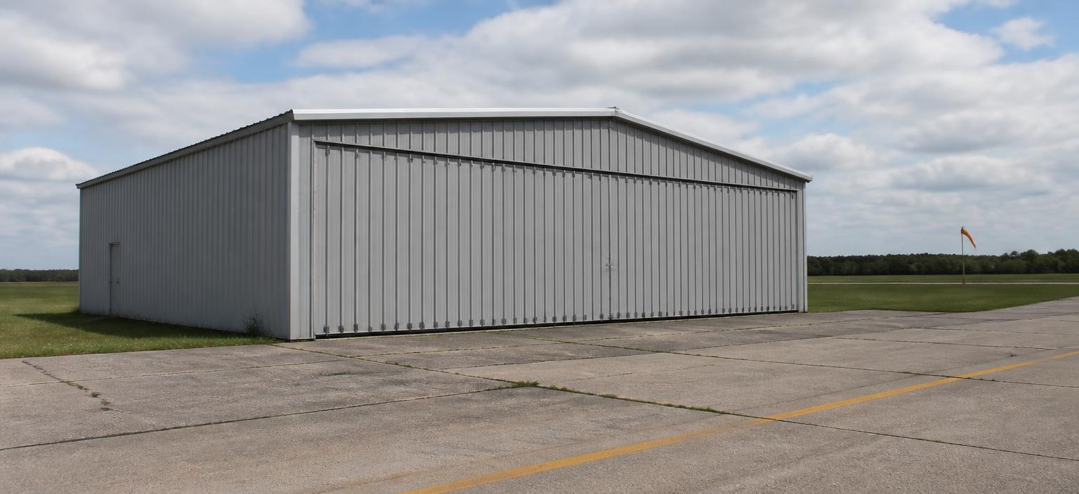 Steel building configuration showing a light grey aircraft hangar with a wide closed bi-fold door on a weathered concrete apron beside a windsock.