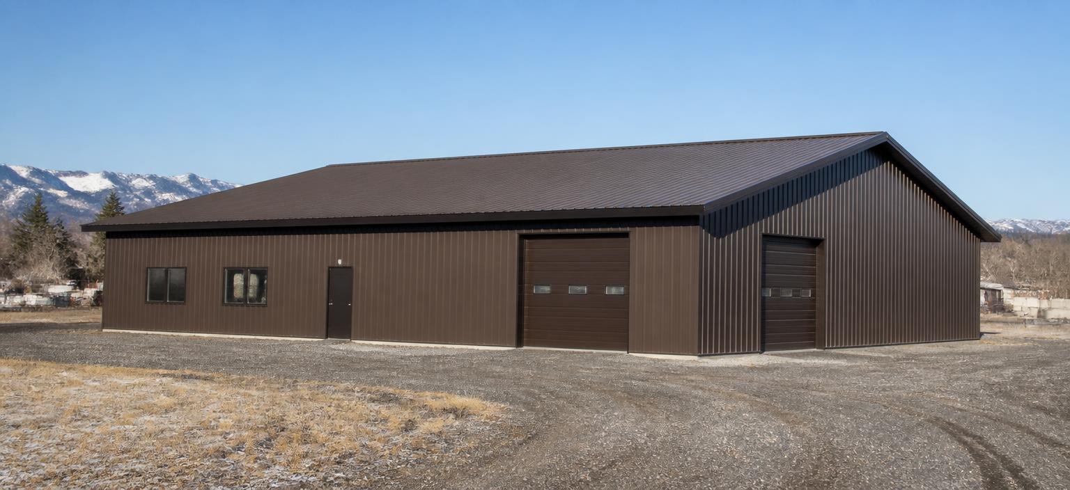 Illustrative steel building configuration showing a dark bronze commercial steel building with two overhead doors, one personnel door, office windows and a bronze gable roof on a gravel lot with snow-dusted mountains far behind.