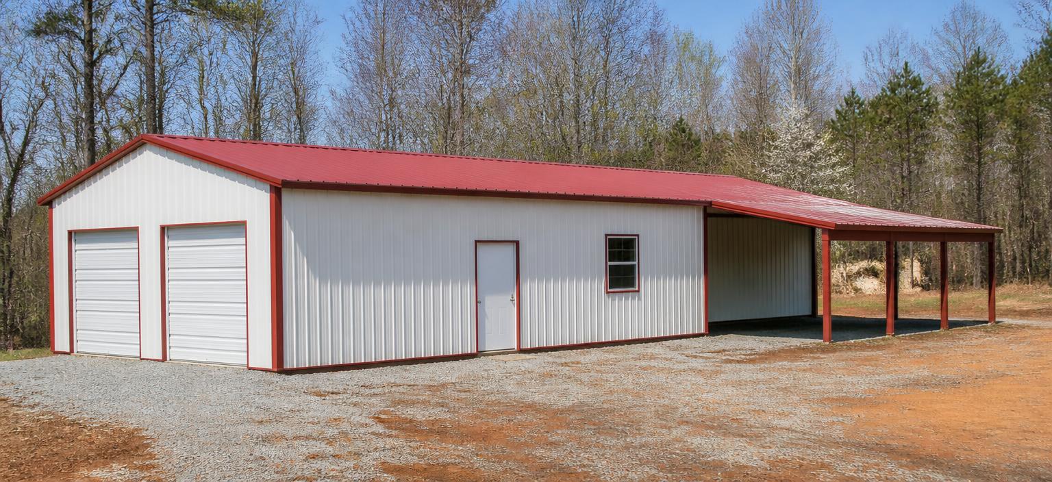 Illustrative steel building configuration showing a white enclosed metal garage with red trim, two overhead doors, one personnel door, one window and an attached open lean-to under a red vertical-rib roof on a gravel pad.