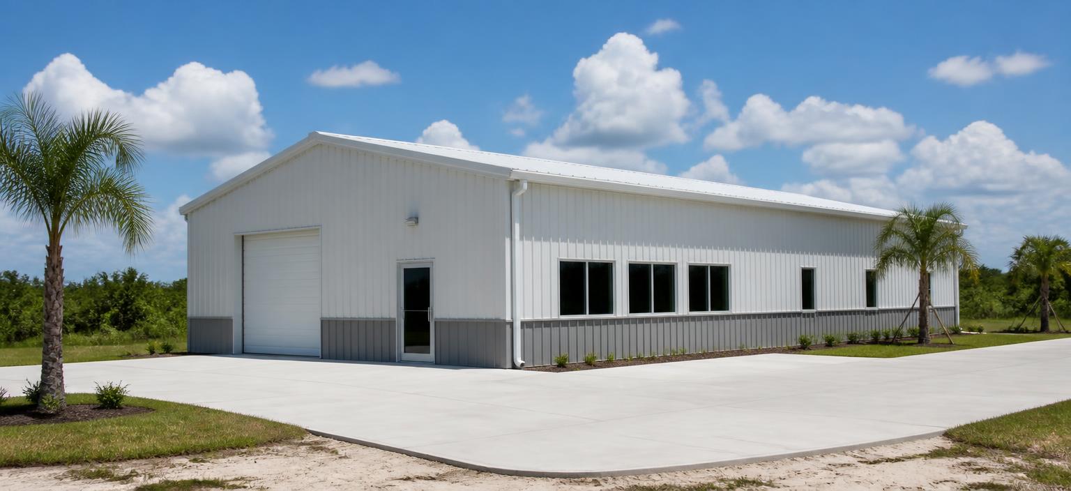 Illustrative steel building configuration showing a white cold-formed commercial steel building with a grey base course, one overhead door, a glazed entry, a band of windows and a white low-slope gable roof on a flat Florida site.