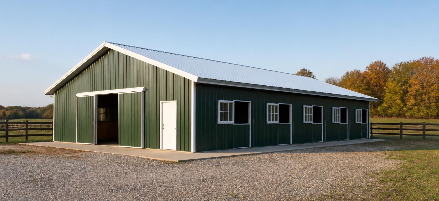 Illustrative steel building configuration showing a dark green post-frame horse stable with white trim, an open sliding door and stall windows beside a fenced paddock.